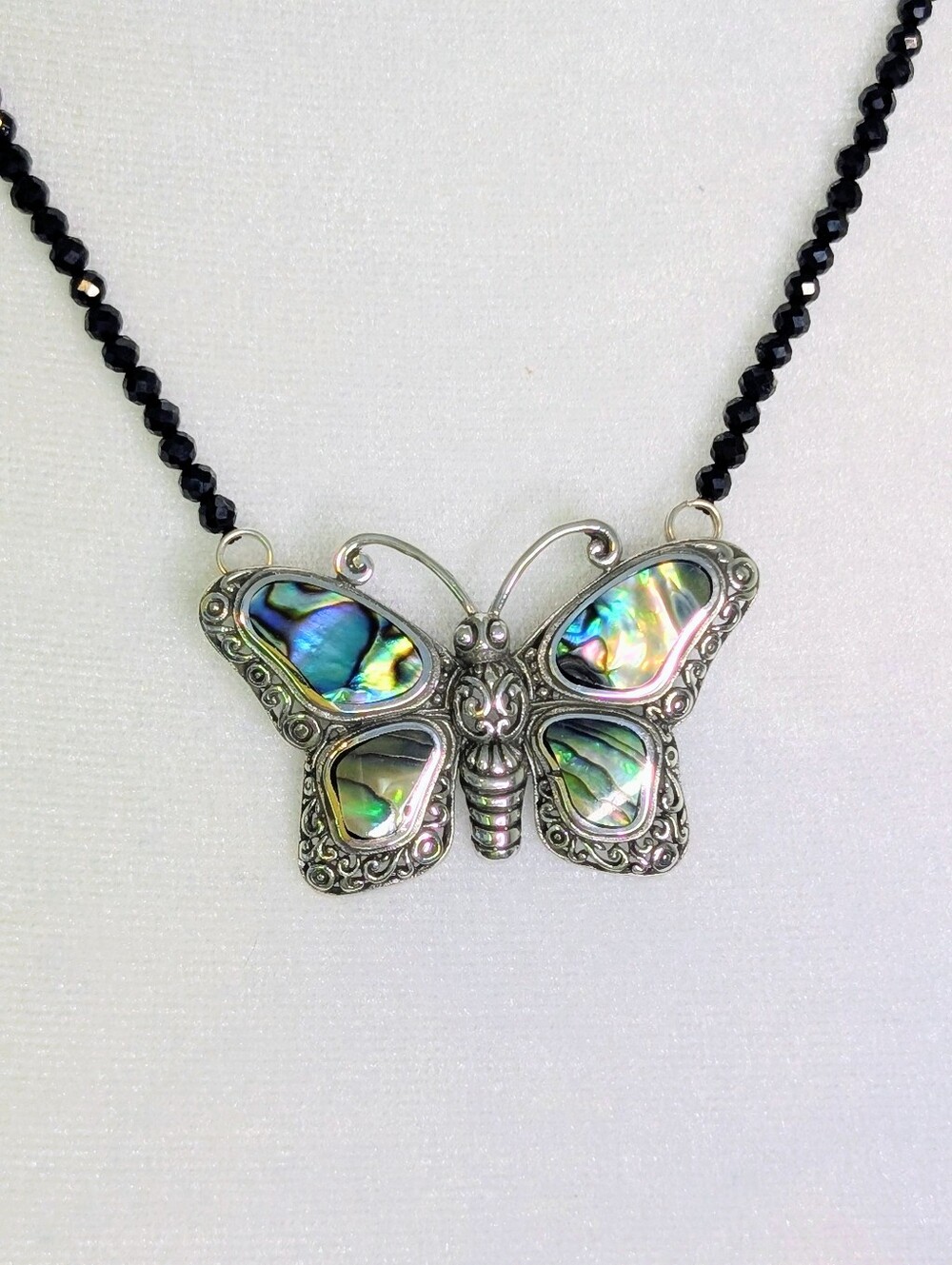 Solid 925 Silver Abalone & Black Spinel Butterfly Pendant Necklace
